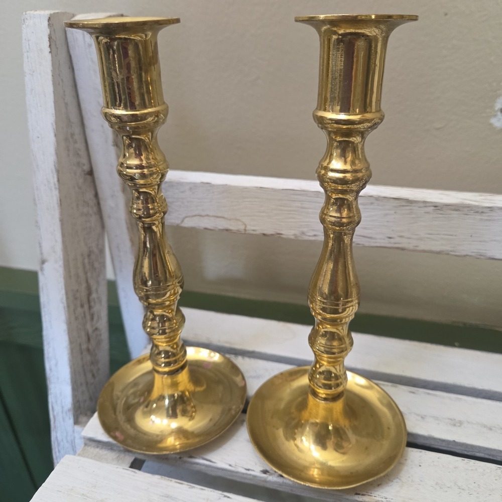 Two Vintage Solid Brass Candlesticks Holders Cottage Country Core 8" Tall